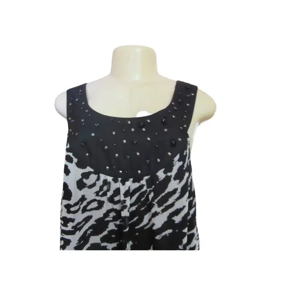 Lapis Black/White Animal Print Beaded Sleeveless Tunic Style Blouse in Sz XL - Picture 2 of 6